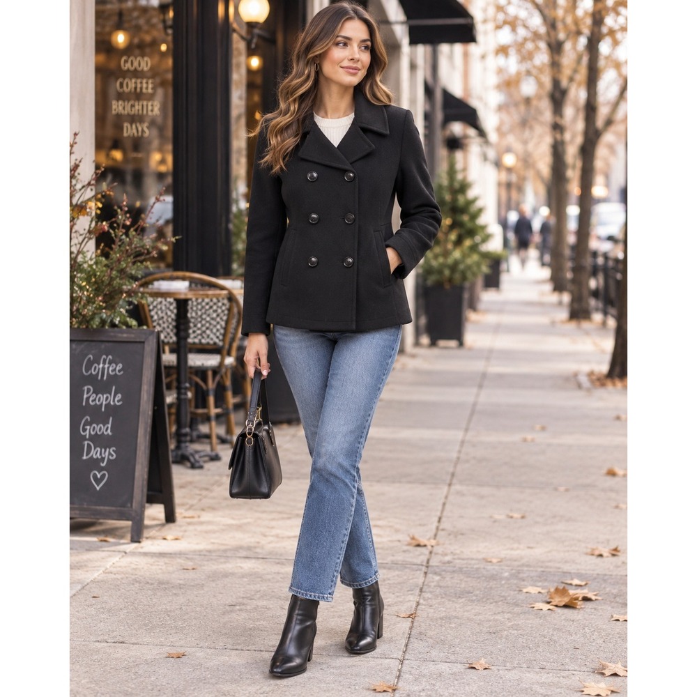 Old Navy Women's XL Black Double-Breasted Peacoat Tailored Classic Winter Coat